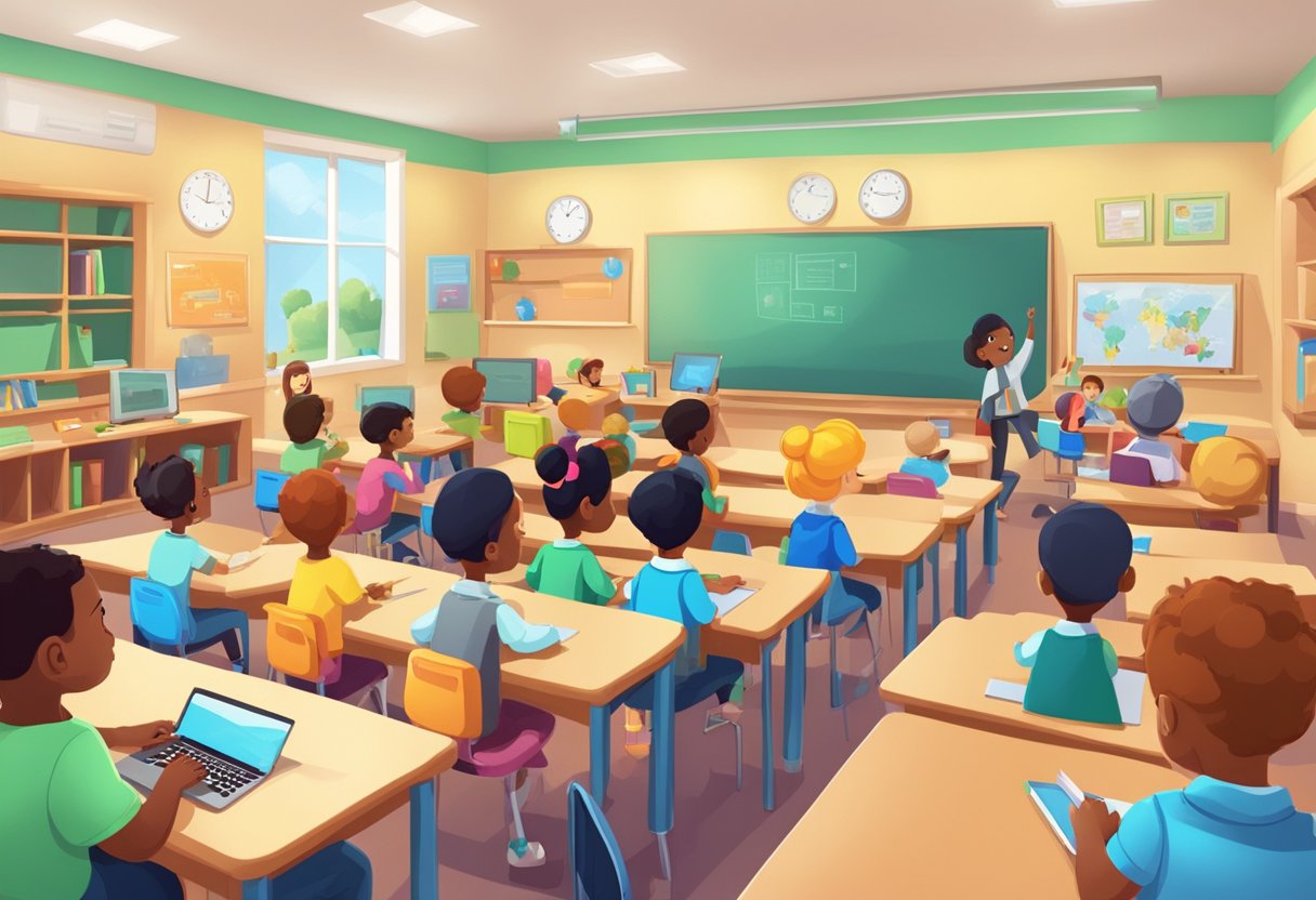 A classroom filled with animated characters engaging in interactive learning activities