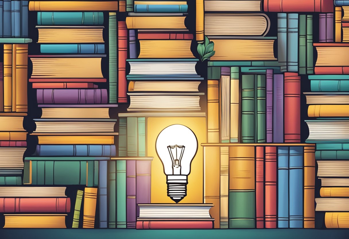 A stack of colorful books with a question mark hovering above them. A lightbulb illuminates the scene