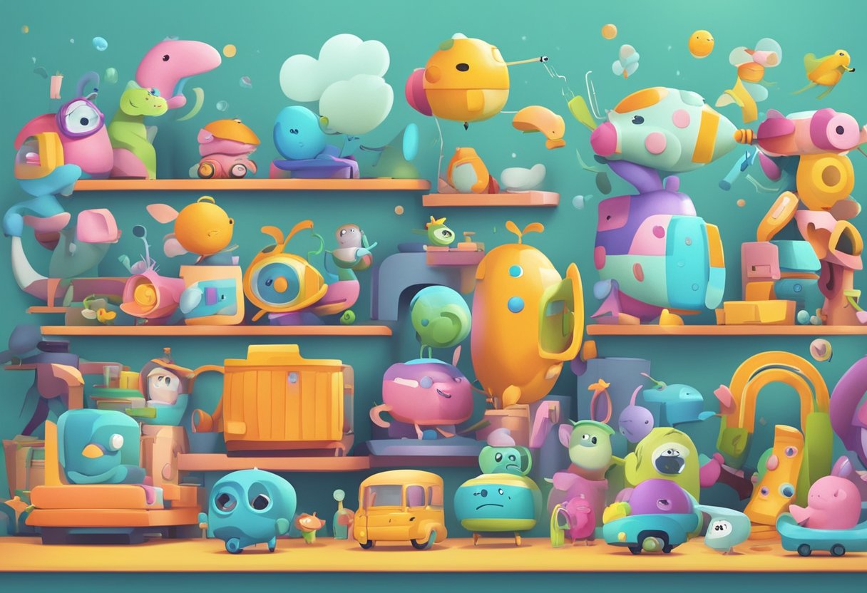 A colorful array of animated objects and characters interacting to tell a story, with a focus on conveying information in a clear and engaging manner