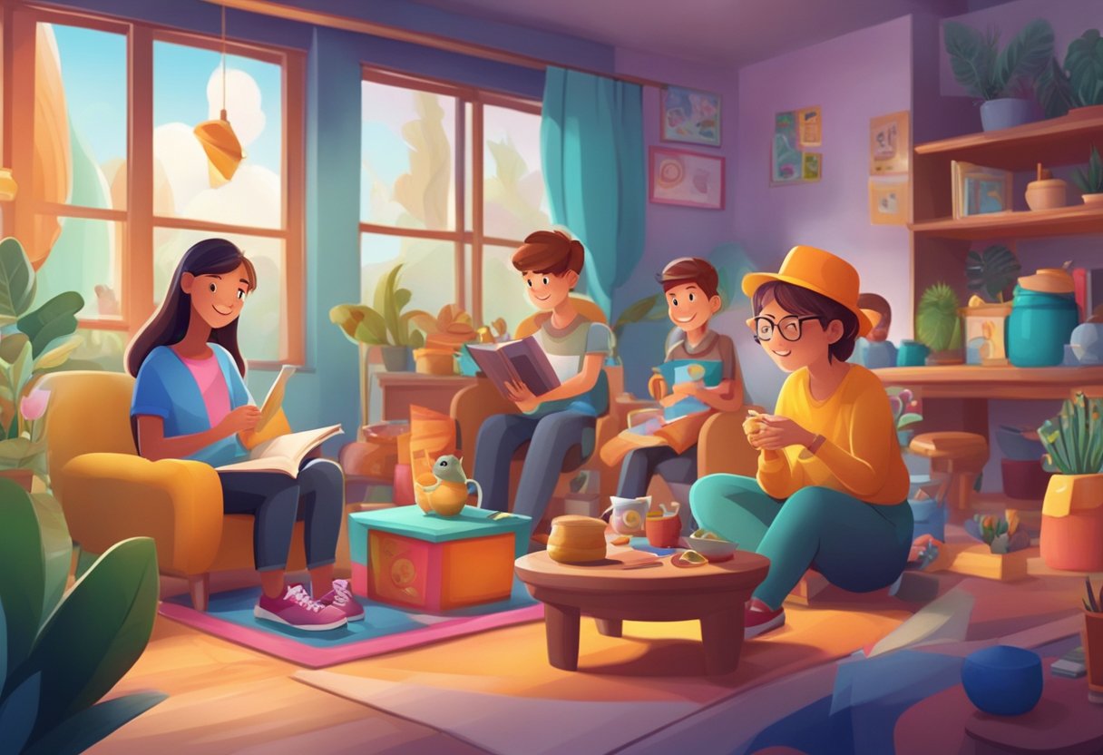 A colorful and vibrant scene with animated characters and objects interacting in a storytelling setting, with educational elements integrated throughout