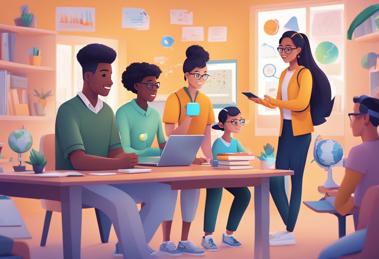 A diverse group of animated characters interact with various educational tools and technology, showcasing the future of learning enhancement animations