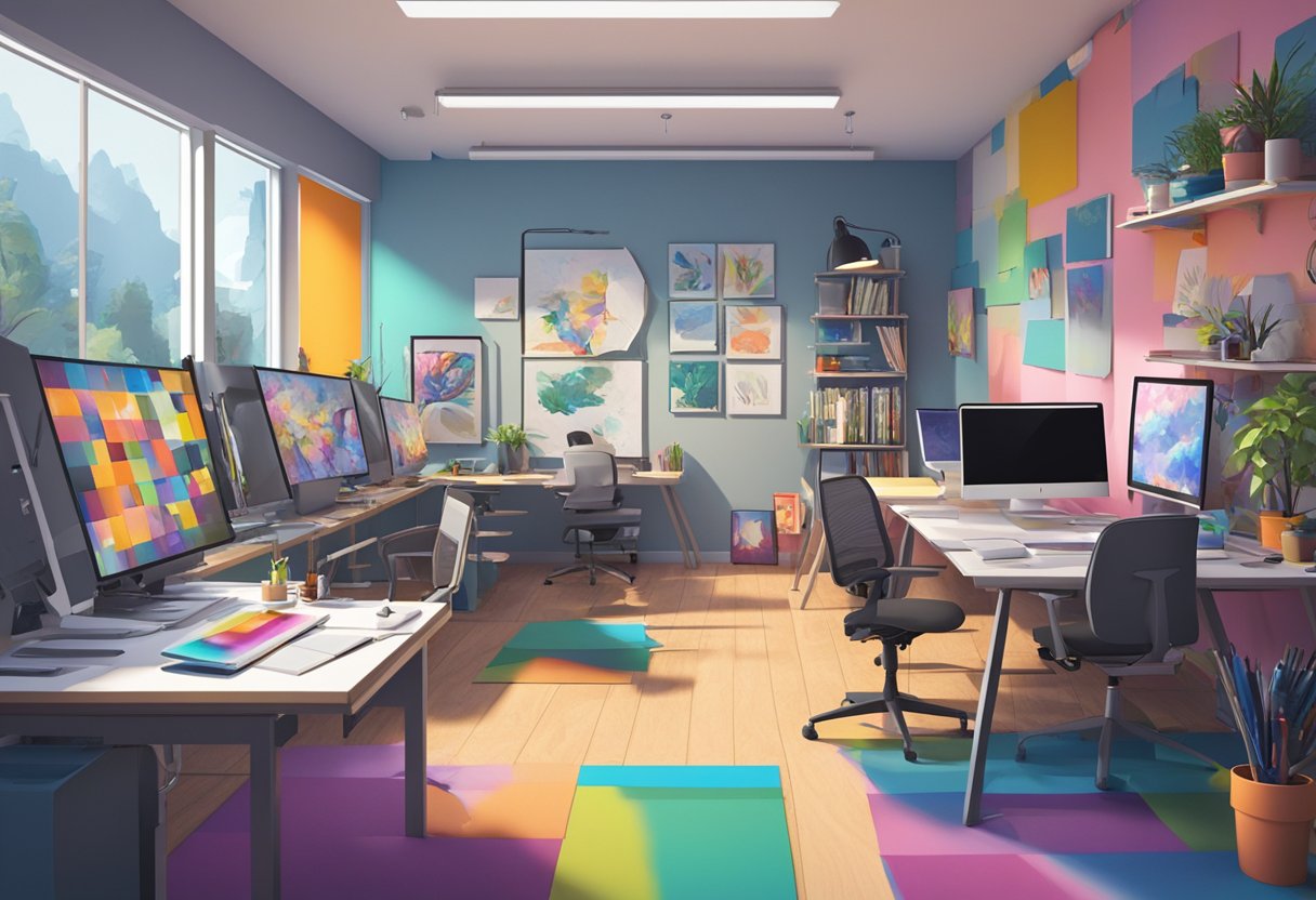A digital animation studio in the UK, filled with computer workstations, drawing tablets, and colorful concept art on the walls