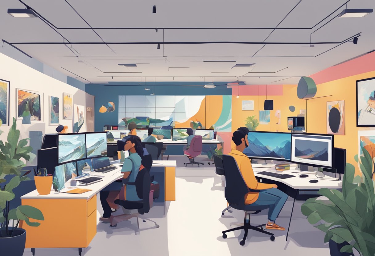 A bustling digital animation studio in the UK, filled with artists at work on their computers, surrounded by colorful concept art and storyboards