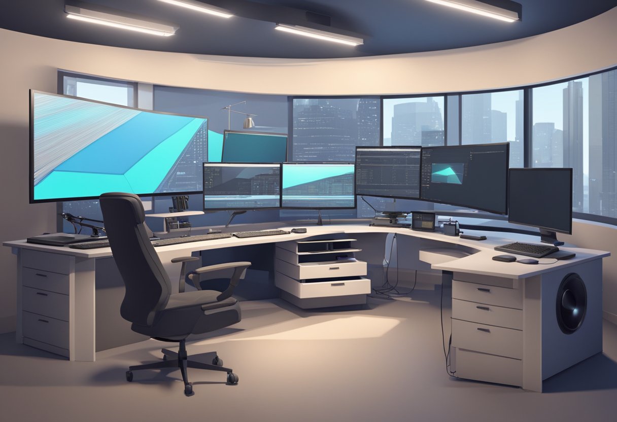 A modern digital animation studio with advanced technology and equipment, including high-end computers, graphic tablets, and motion capture cameras