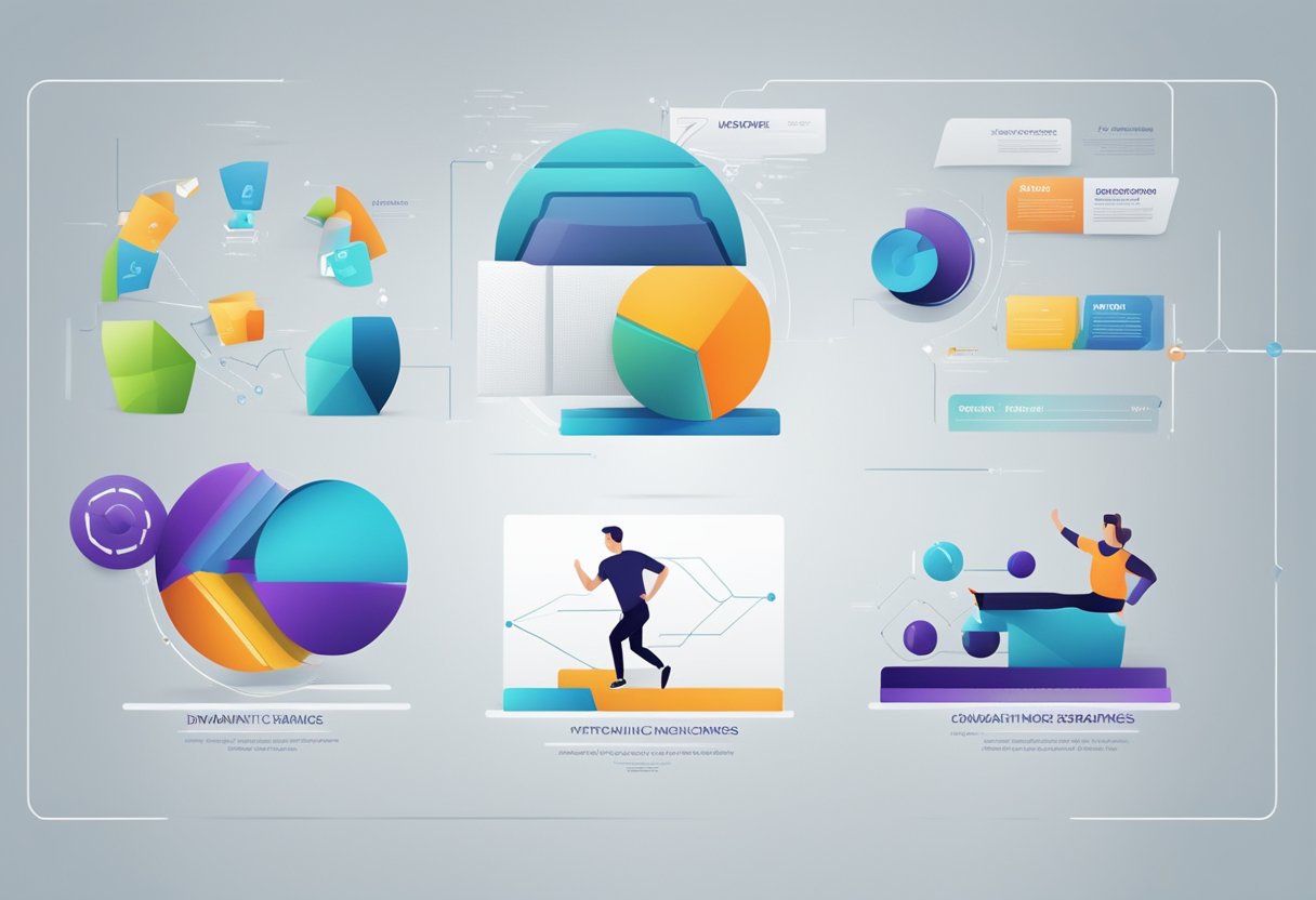A series of dynamic motion graphics illustrating complex training concepts in a sleek and modern style