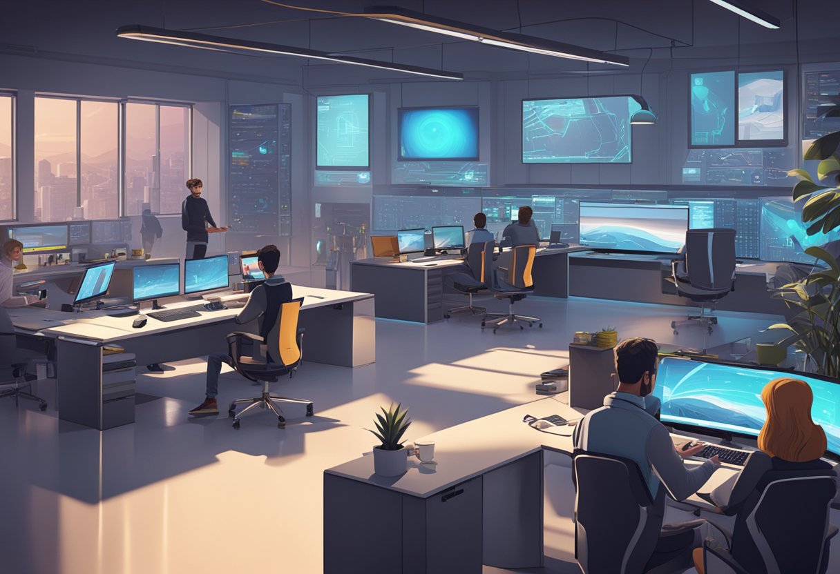 A futuristic digital animation studio in the UK, filled with high-tech equipment and computer workstations, with a team of creatives collaborating on a cutting-edge advertising and marketing project