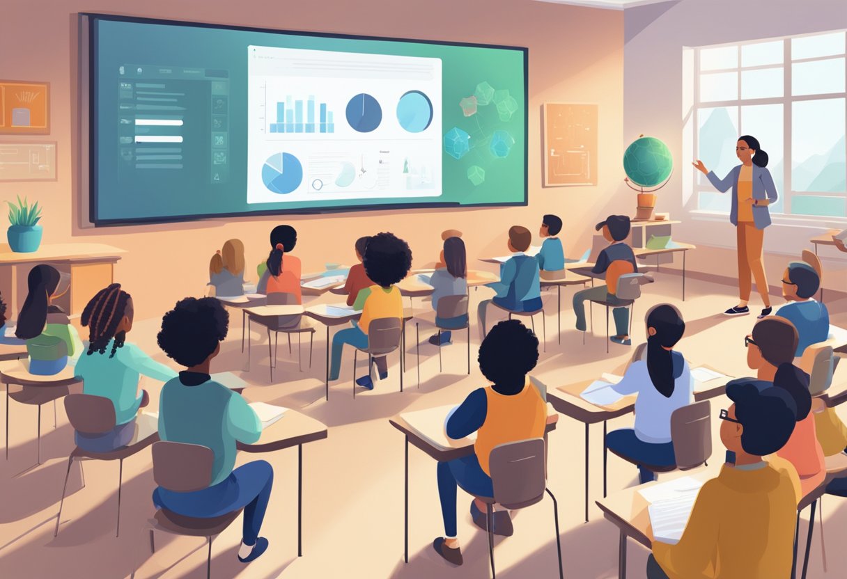 A classroom setting with animated visuals projected on a screen, engaging students in interactive learning and training activities