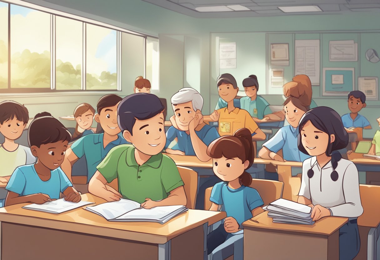 A series of animated characters interacting with training materials and demonstrating improved skills through their actions