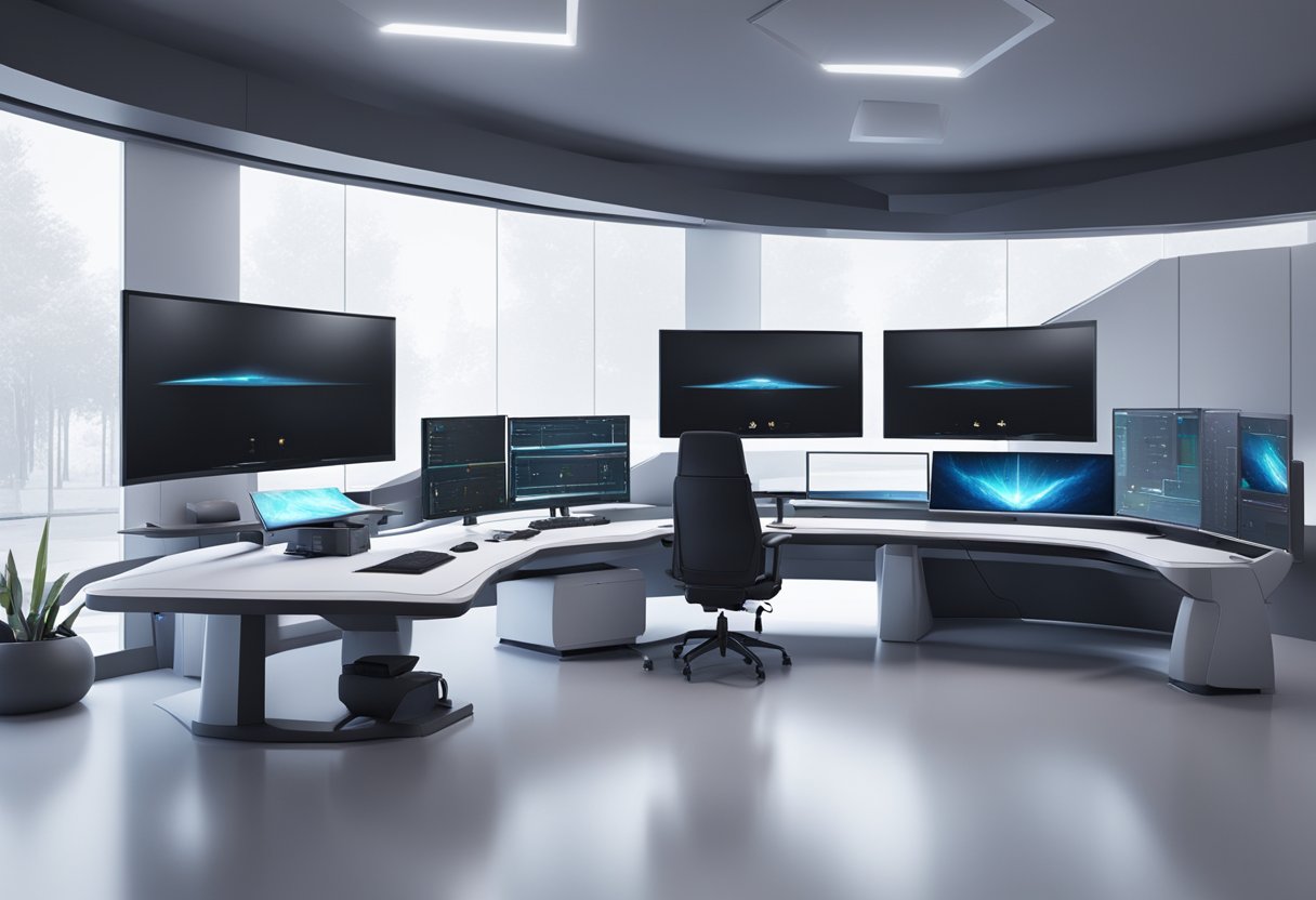 A futuristic digital animation studio in the UK, with sleek workstations, large monitors, and advanced motion capture technology