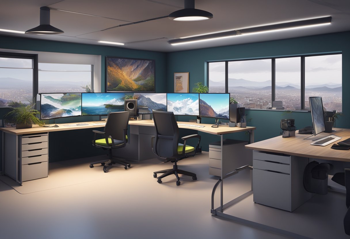 A modern digital animation studio in the UK, with computer workstations, large monitors, and creative artwork on the walls