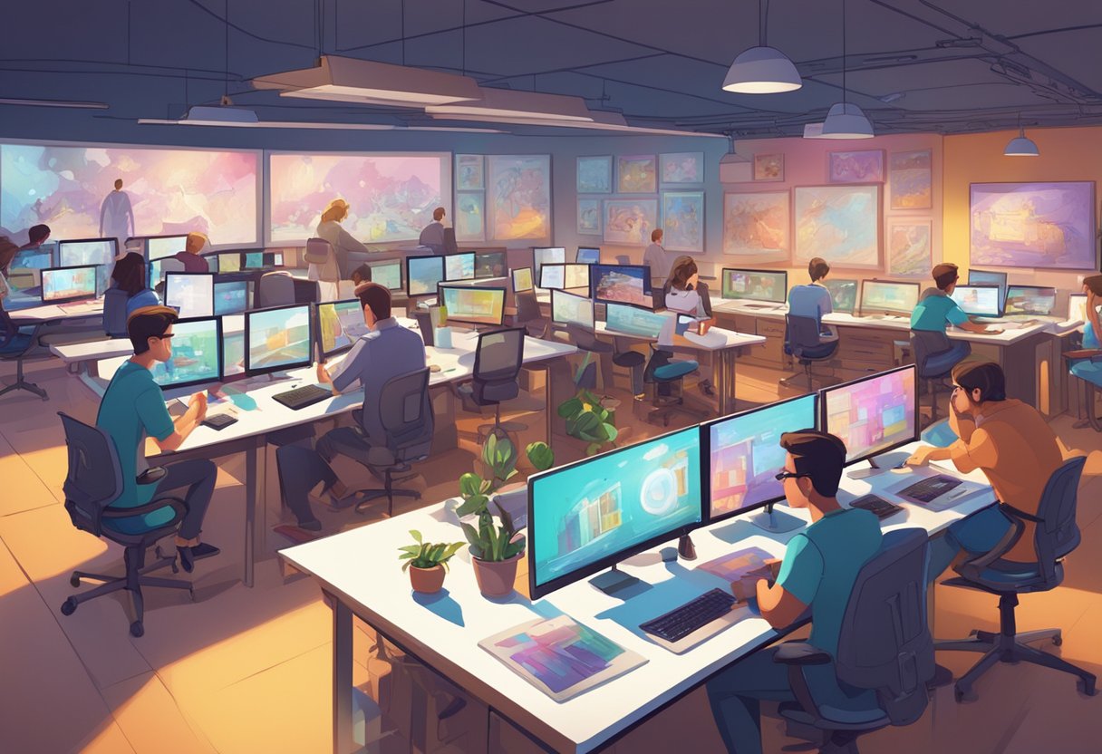 A bustling animation studio with artists at light tables, computers, and storyboards, surrounded by colorful concept art and character designs