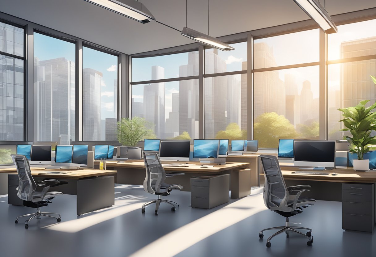 A sleek, modern office space with multiple computer workstations, each displaying intricate and detailed animation projects. Bright overhead lighting and large windows provide ample natural light