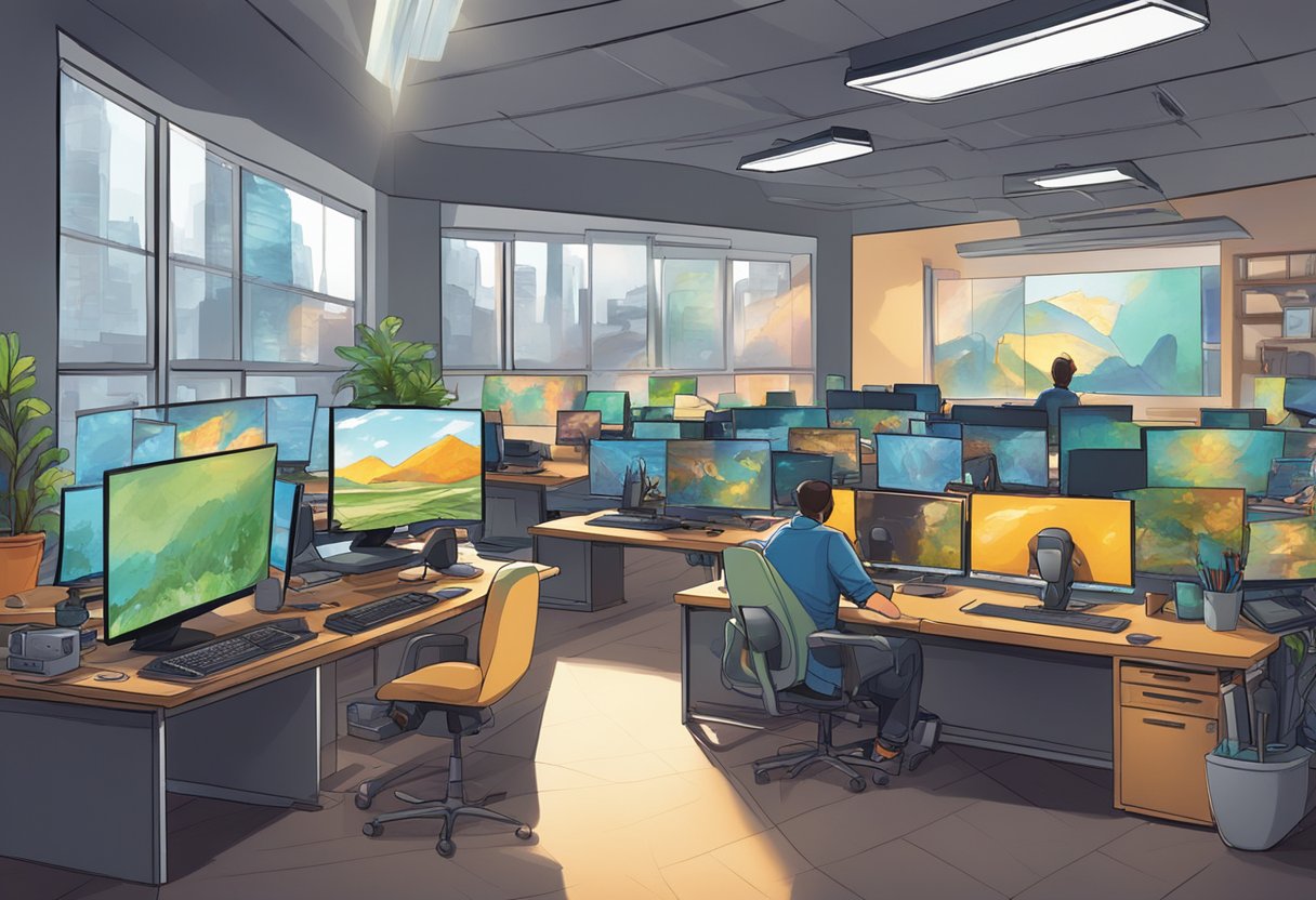 A bustling animation studio filled with computers, drawing tablets, and colorful concept art. Artists collaborate on storyboards and character designs for various media projects