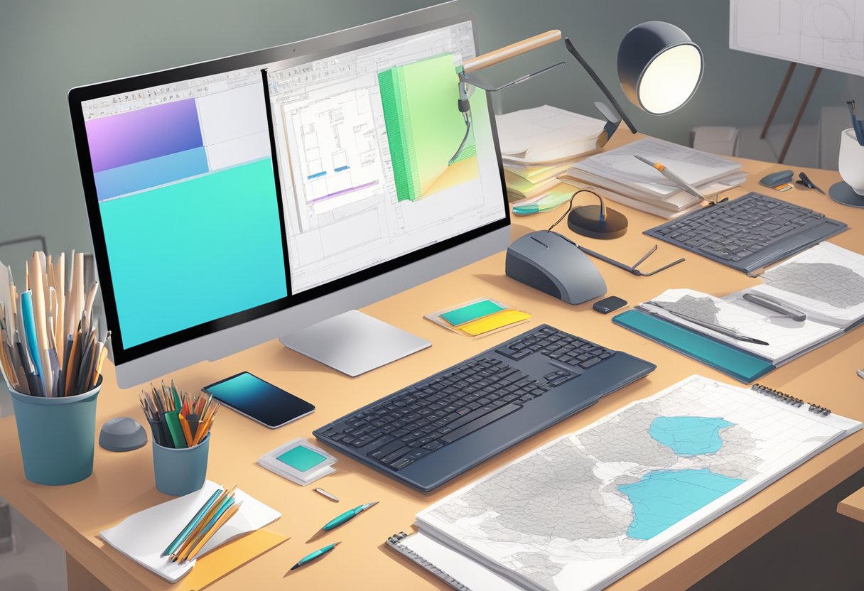 A desk with a computer, drawing tablet, and animation software open, surrounded by various drawing tools and reference materials