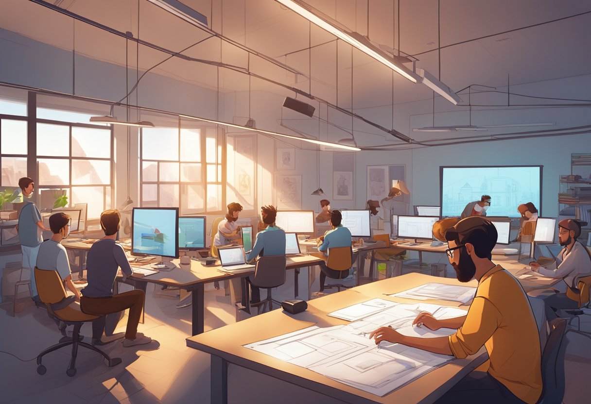 A group of animators collaborate in a modern studio, surrounded by storyboards, computers, and drawing tablets. Light filters in through large windows, casting a warm glow on the creative space