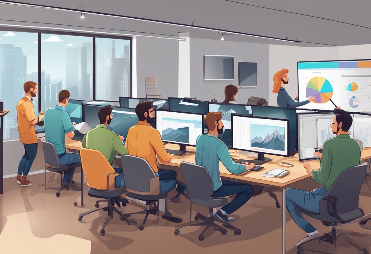 A group of animators working at their desks in a modern studio, surrounded by computer screens and drawing tablets