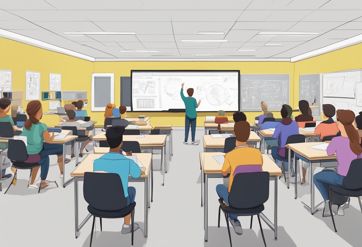 A classroom filled with students and instructors, surrounded by animation equipment and tools. A large whiteboard displays various animation techniques and concepts