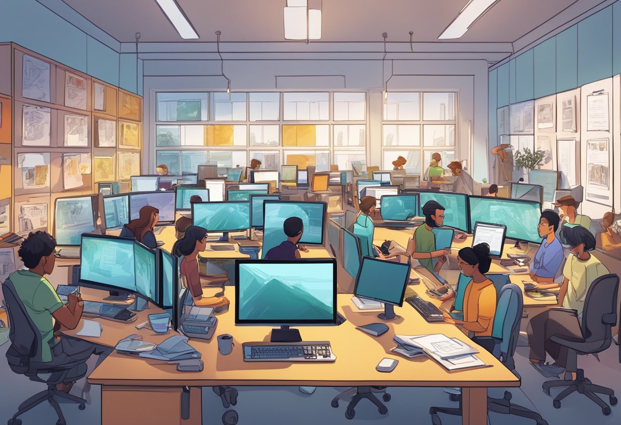 A bustling office filled with animators at work, surrounded by storyboards, sketchpads, and computer screens displaying colorful characters and scenes