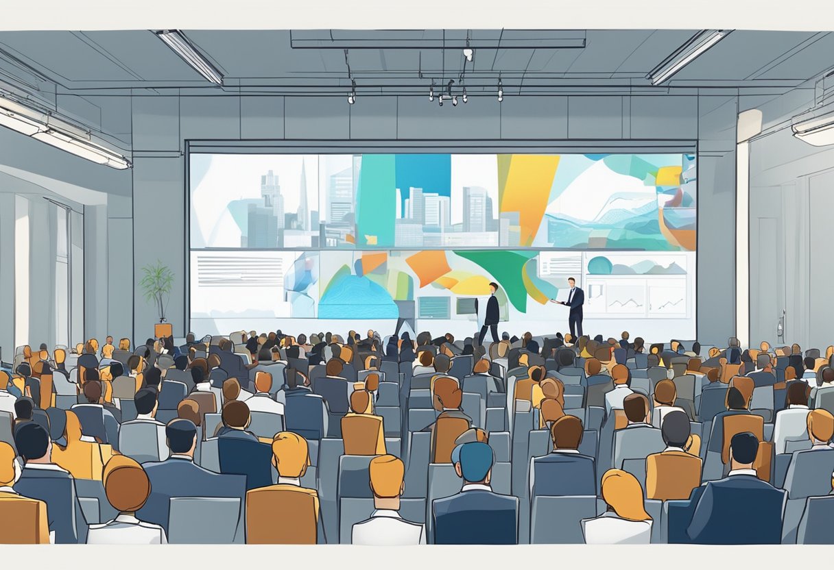 A corporate event with animated graphics projected onto a large screen, showcasing the integration of animation in the business world