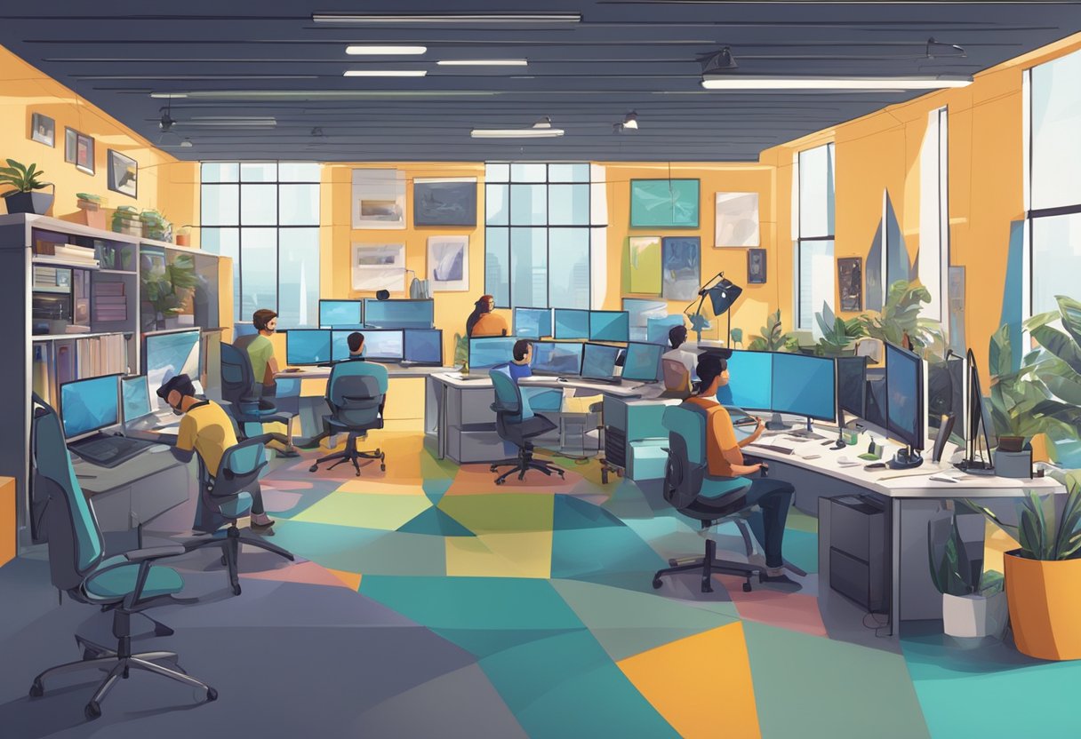 A bustling animation studio filled with cutting-edge technology and creative professionals collaborating on innovative projects