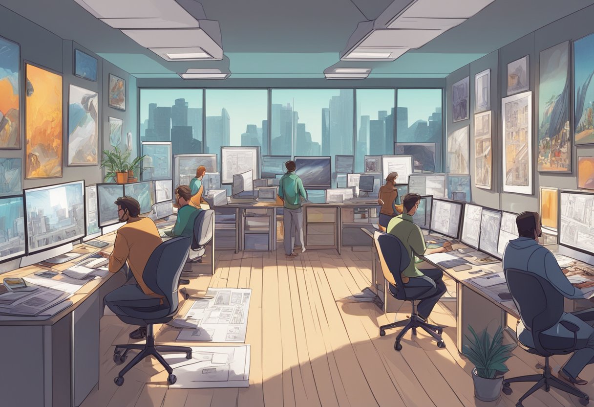 A bustling studio filled with artists at work, surrounded by storyboards, concept art, and computer screens displaying vibrant animation projects