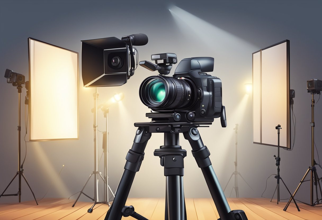 A professional camera on a tripod captures a well-lit set with a backdrop, lighting equipment, and audio recording devices