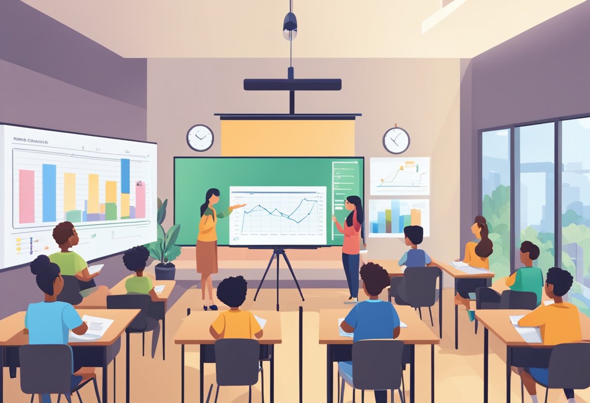 A classroom setting with a projector screen displaying data charts and graphs, while a teacher and students engage in a discussion about educational video production