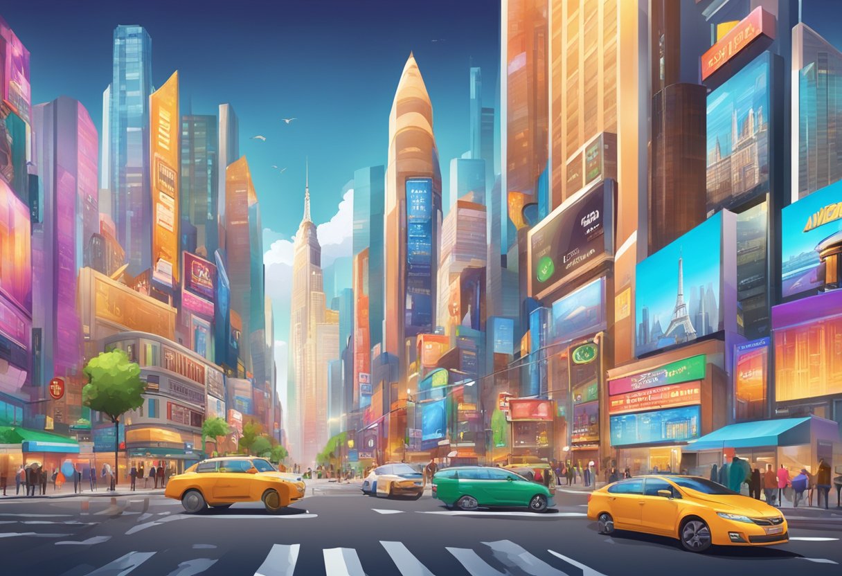 A vibrant cityscape with iconic landmarks and bustling streets, showcasing various custom animated advertisements on billboards and digital screens