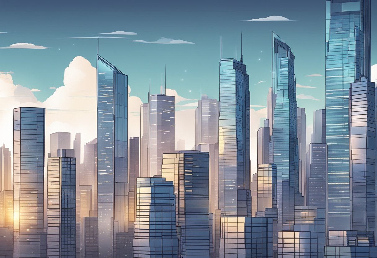 A modern city skyline with sleek skyscrapers and dynamic lighting, showcasing the integration of animation in architectural design