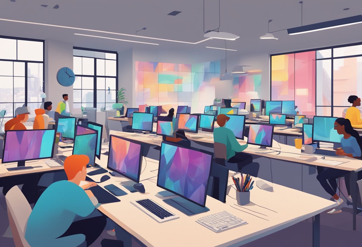 A bustling animation studio in London, with artists at their desks, working diligently to meet deadlines and deliverables. Computer screens flicker with colorful designs and sketches
