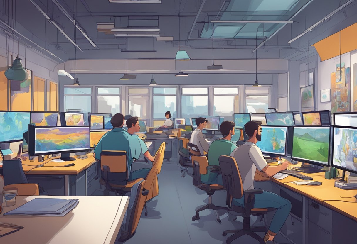 A bustling animation studio in London, with artists at work on various projects. Brightly colored storyboards and concept art cover the walls