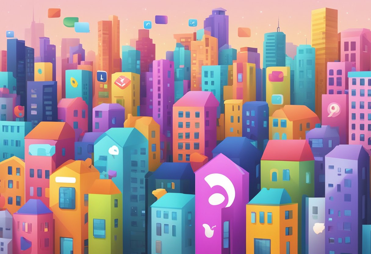 A vibrant cityscape with animated social media icons floating above buildings