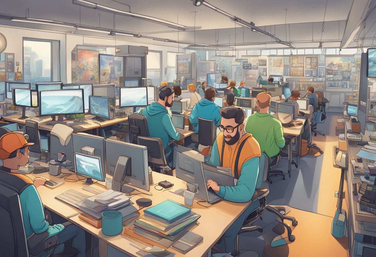 A bustling animation studio in London, filled with artists creating vibrant and innovative animated advertisements for the future