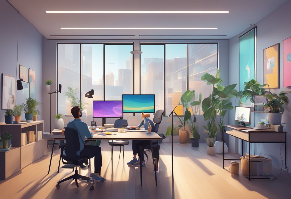 A sleek, modern studio space with large windows and colorful animation equipment. A team of creatives consult around a table