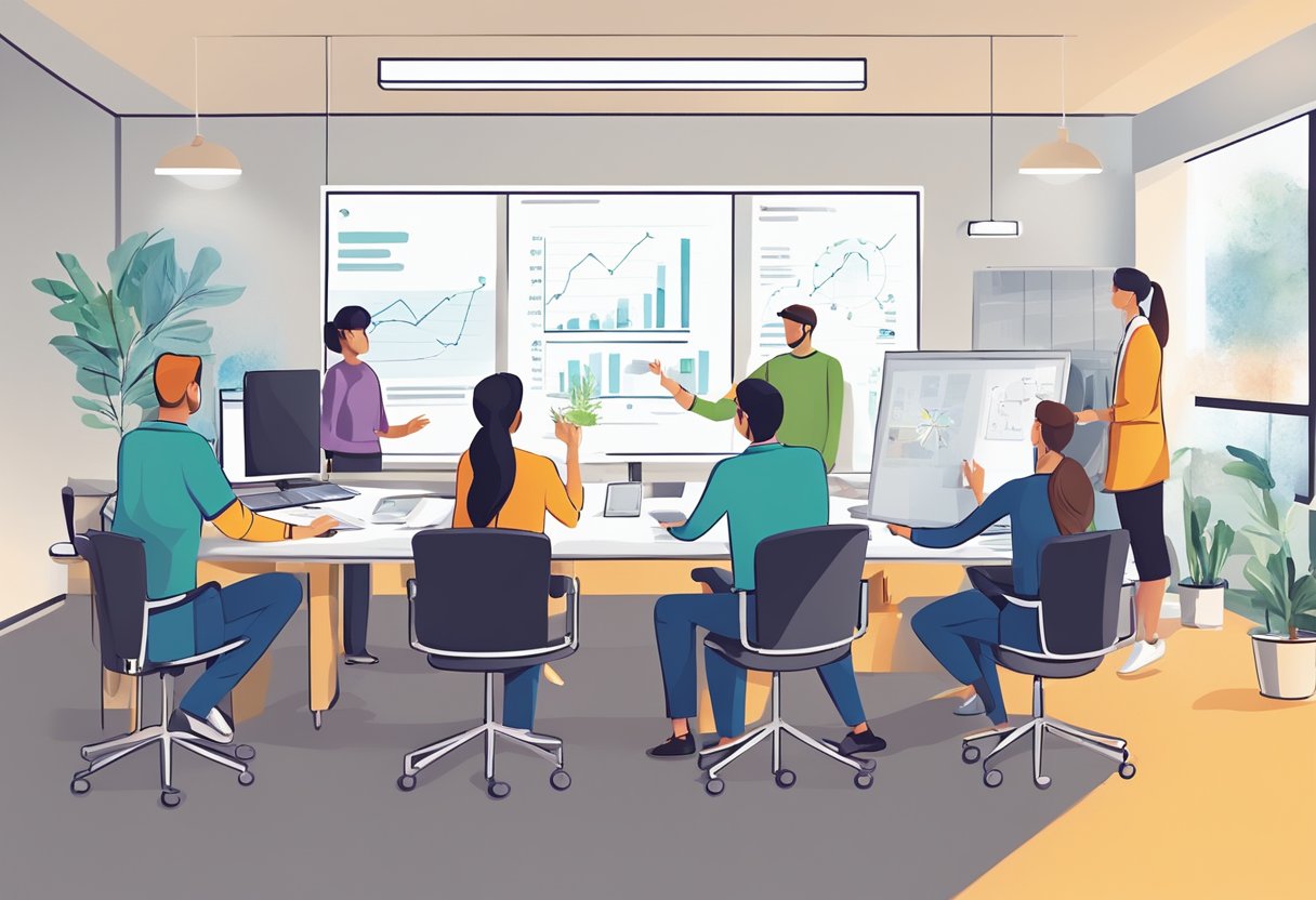 A modern office setting with a team of professionals collaborating on a whiteboard, discussing and brainstorming ideas for an explainer video production