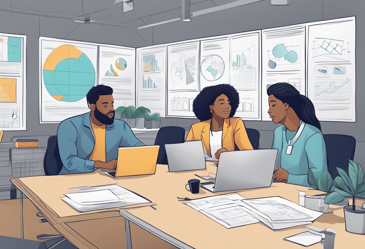 A team of professionals brainstorming, sketching, and collaborating on storyboards for a corporate explainer video