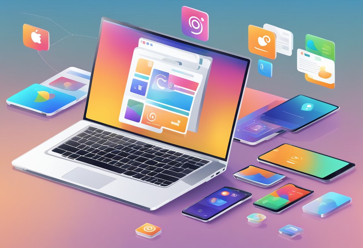 A laptop and smartphone display corporate explainer videos on various social media platforms