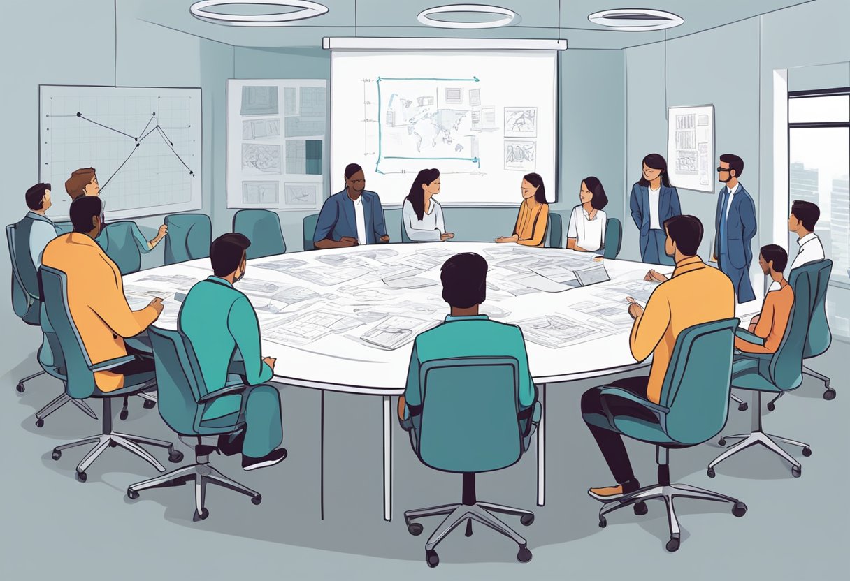 A group of professionals brainstorming ideas in a conference room, with a whiteboard filled with sketches and diagrams