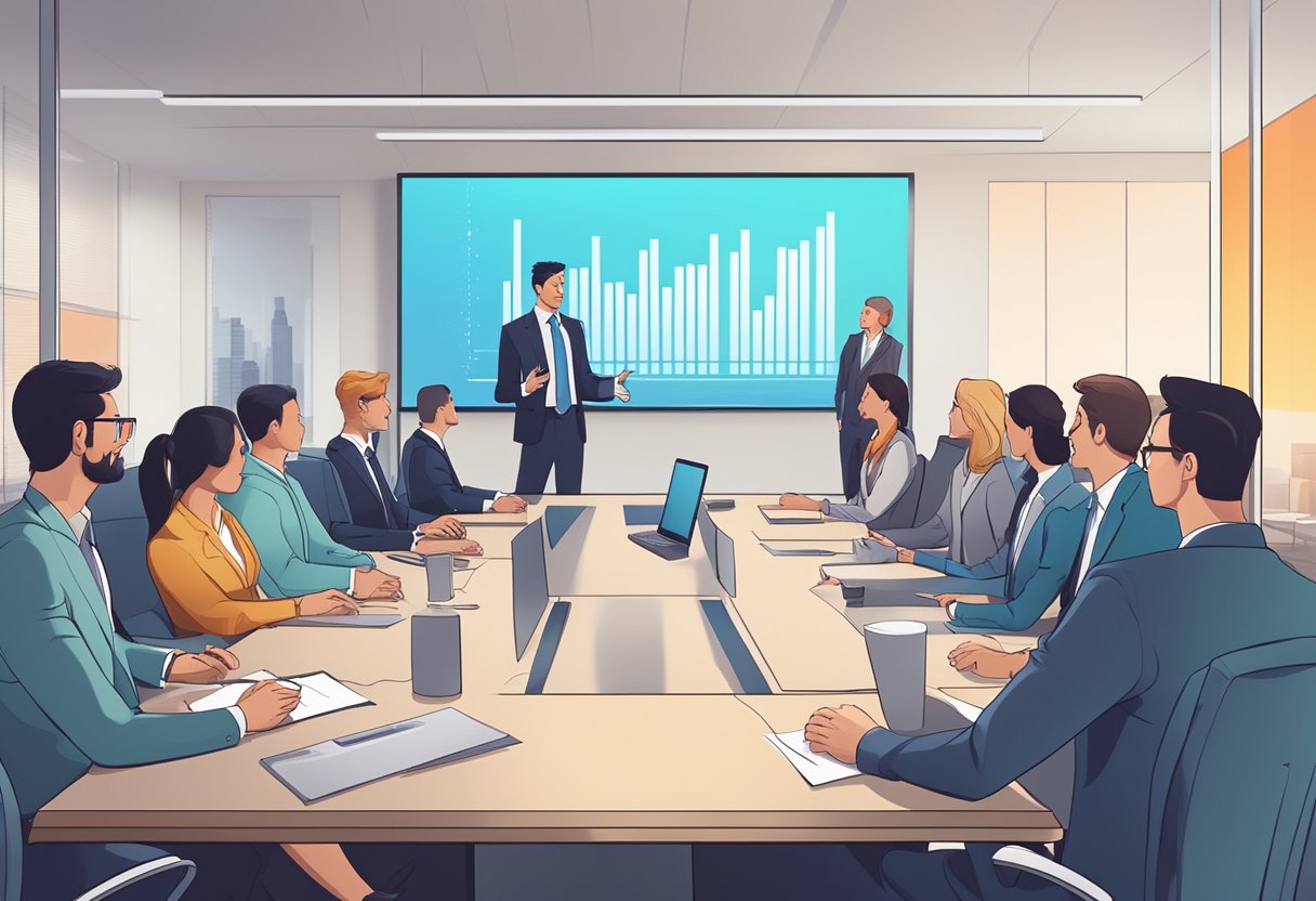 A group of business professionals watch an animated explainer video on a large screen in a modern office boardroom