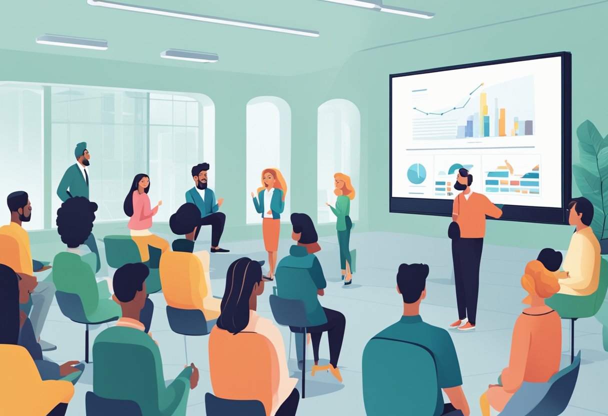 A group of people watching a corporate explainer video on a large screen, with engaged expressions and nodding heads