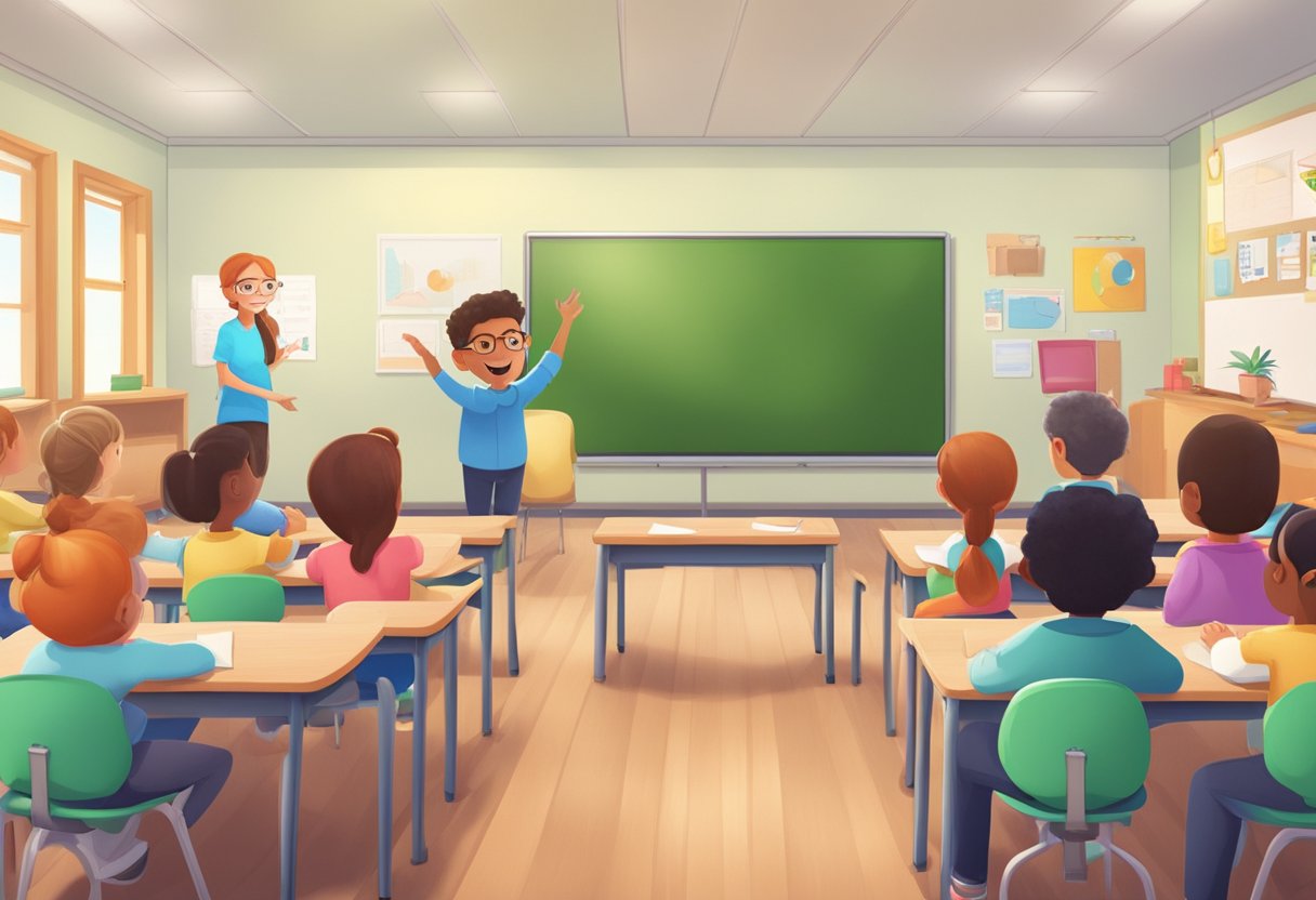A classroom setting with animated characters on a screen, engaging with students and enhancing the learning experience
