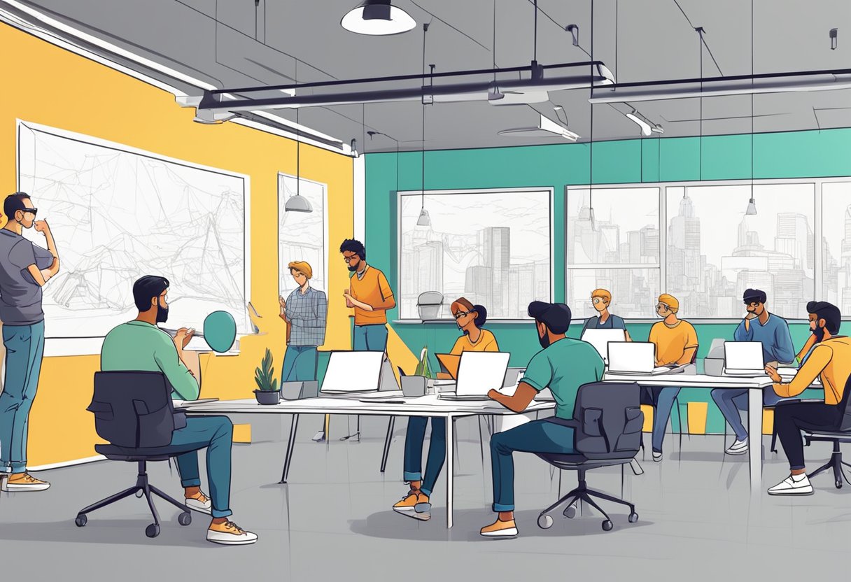 A group of animators brainstorming and sketching ideas in a bright, modern studio space
