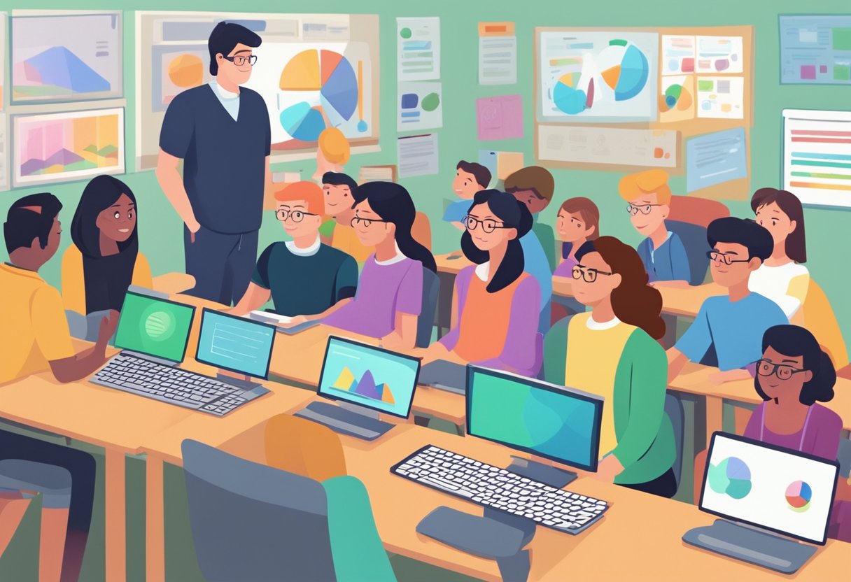 A group of students and teachers gather around a computer screen, discussing different animation software options for their school. An array of colorful and engaging animation programs are displayed on the screen