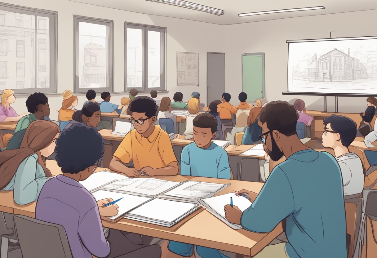 A group of students gathered around a large table, each with a drawing pad and pencil in hand. An animated character on a screen demonstrates different techniques as the students eagerly follow along