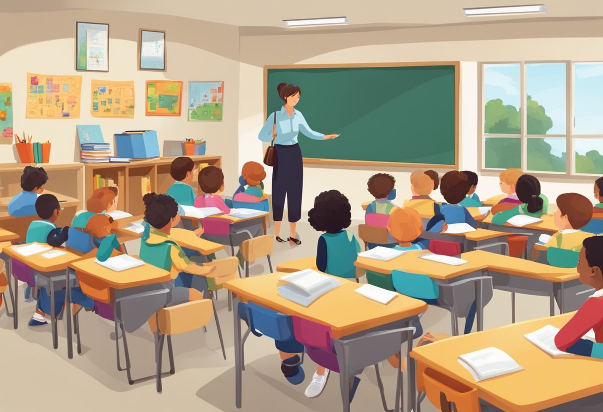 A classroom setting with a teacher at the front, students at desks, and educational materials on the walls