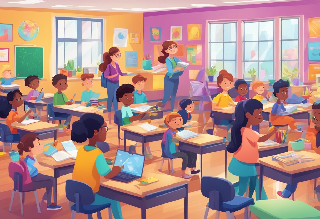 A colorful classroom filled with animated characters, books, and art supplies, with students and teachers collaborating on creative projects