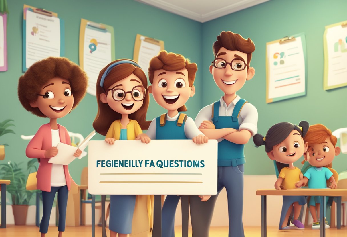 A group of animated characters gather around a sign labeled "Frequently Asked Questions" in a lively educational setting