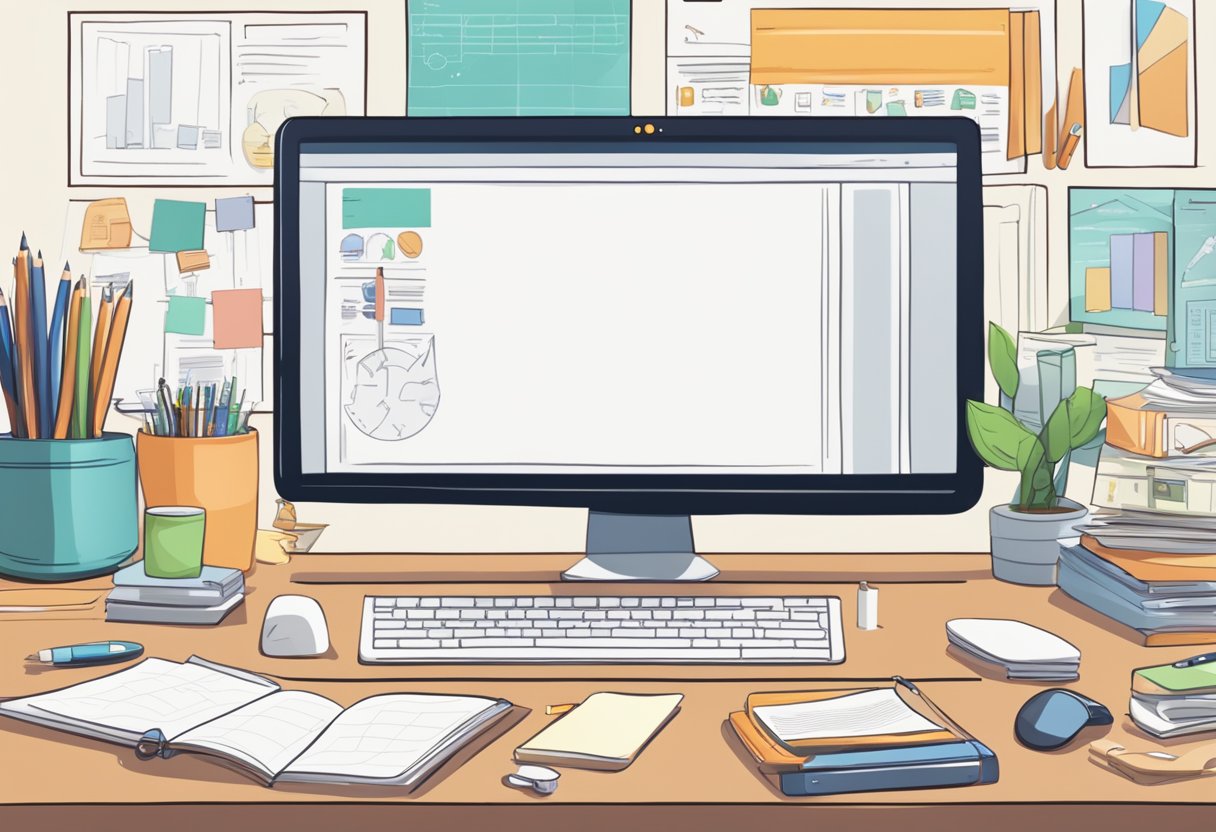A computer screen displaying an animated tutorial on a desk with educational materials scattered around