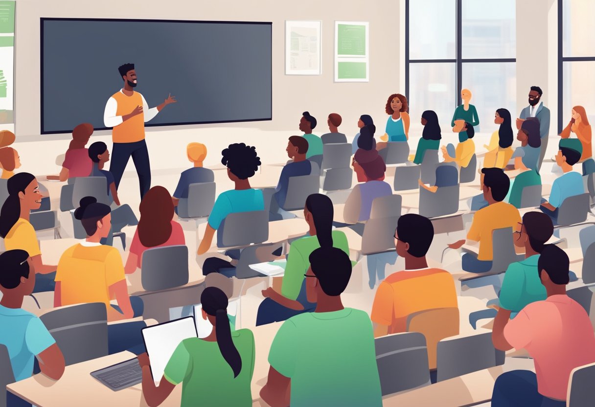 A group of diverse students engage in a lively discussion while watching an animated educational video on a large screen in a modern classroom