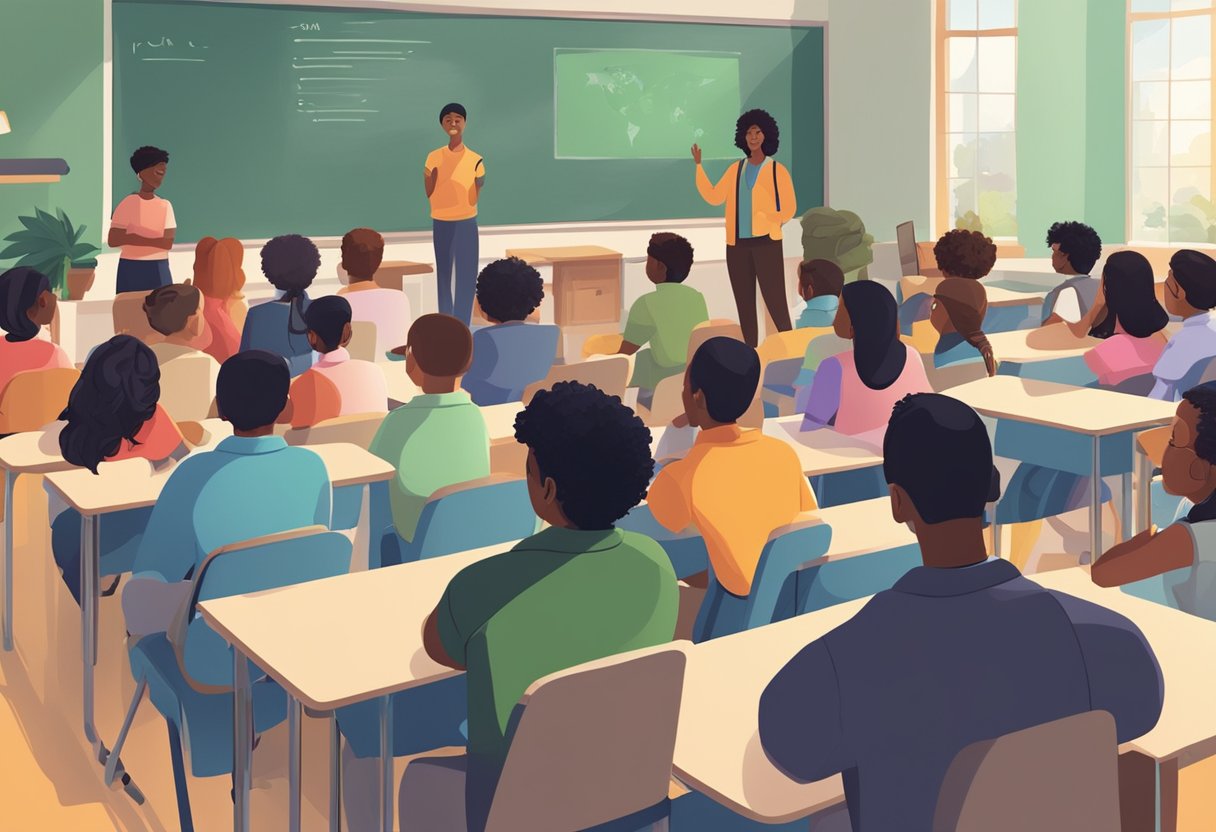 A diverse group of students watching an engaging animated presentation in a classroom setting